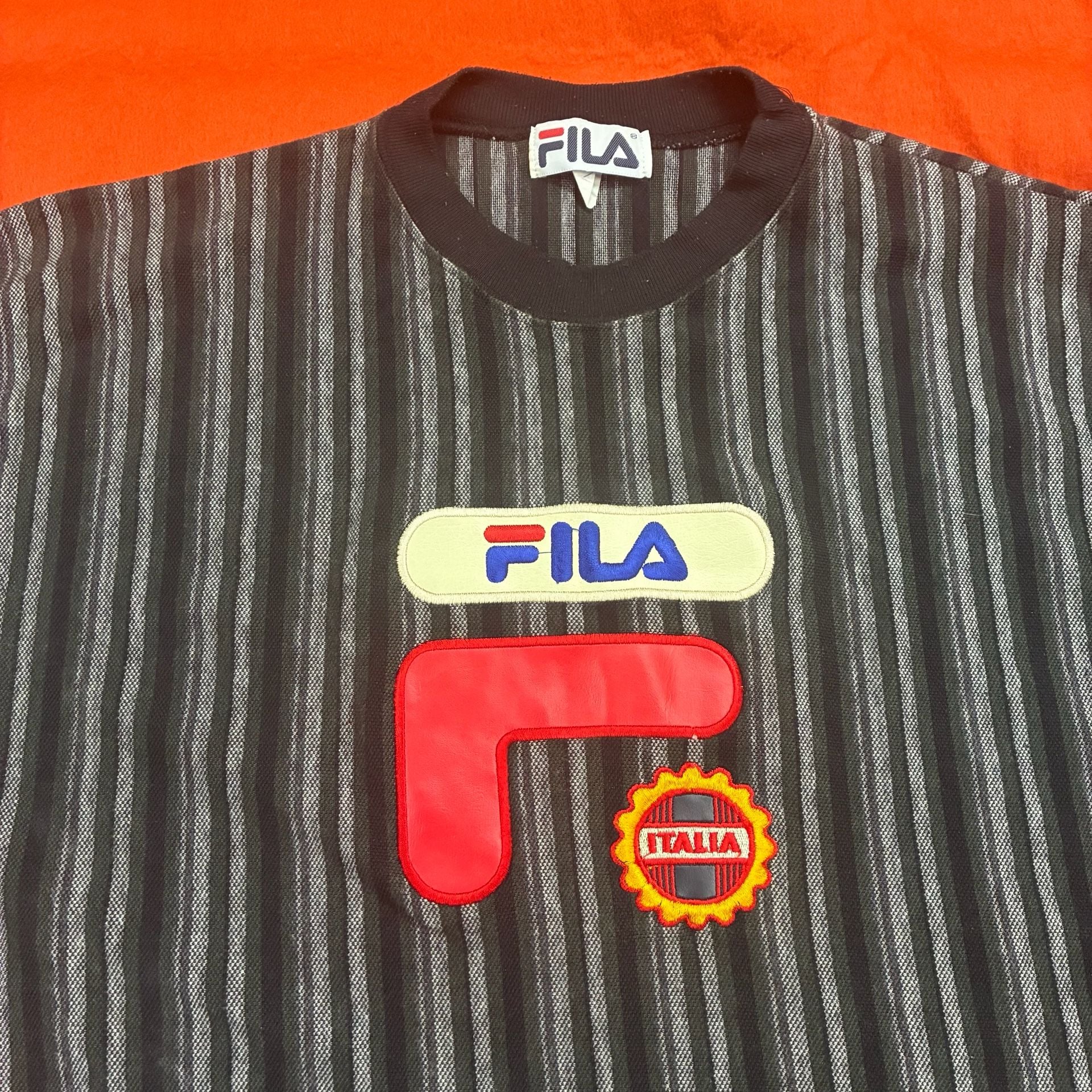 Vintage 90s FILA Vertical Stripe T-Shirt with Big Logo Patch Made in USA XL 3