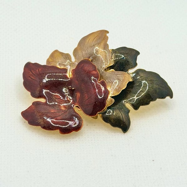 Vintage Multi-Color Enamel Triple Leaf Gold Tone Brooch