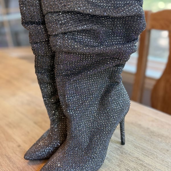 Jessica Simpson Womens Silver Rhinestone Stiletto Scrunch Layzer Boots Size 8M