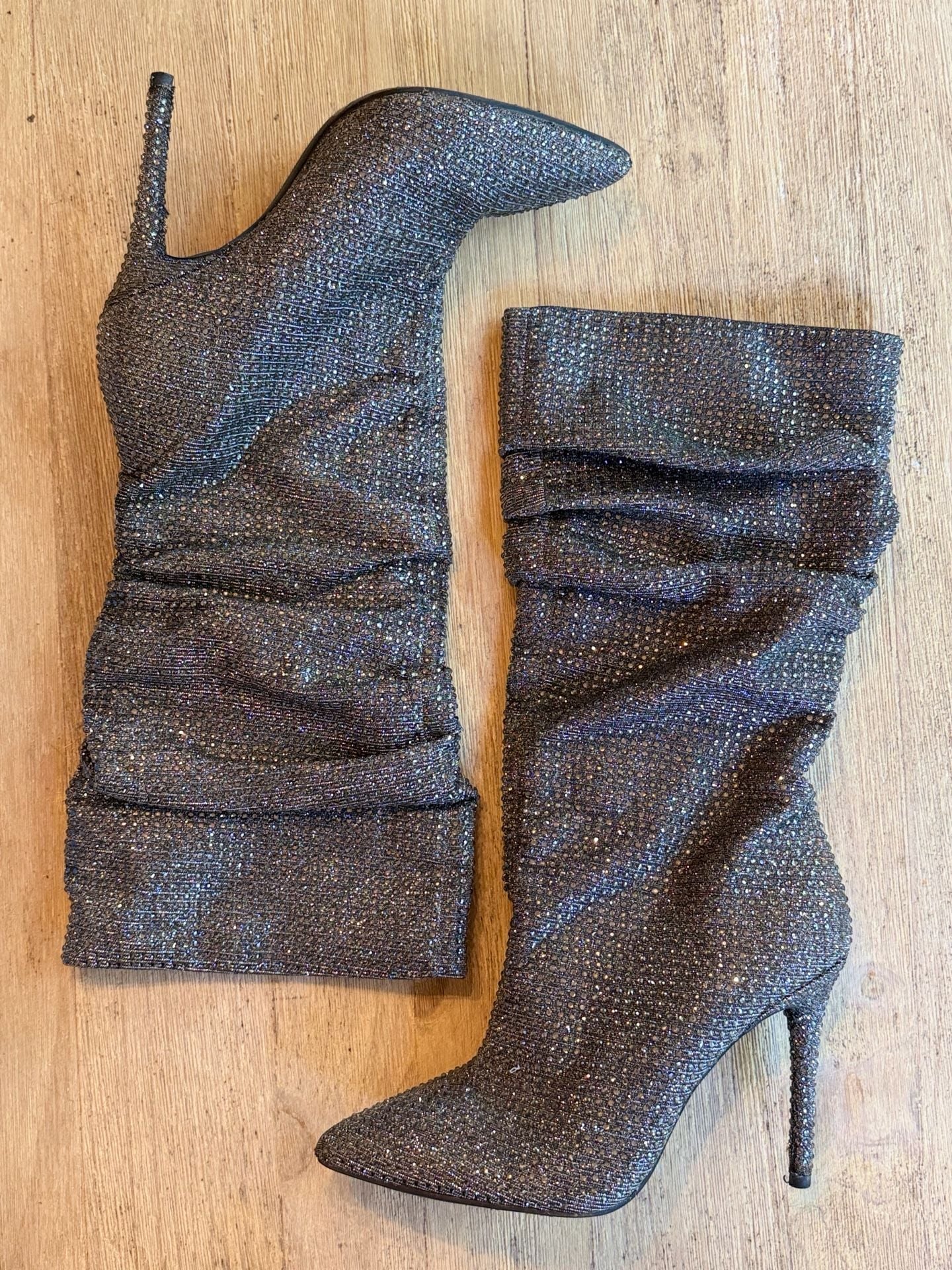 Jessica Simpson Womens Silver Rhinestone Stiletto Scrunch Layzer Boots Size 8M 3