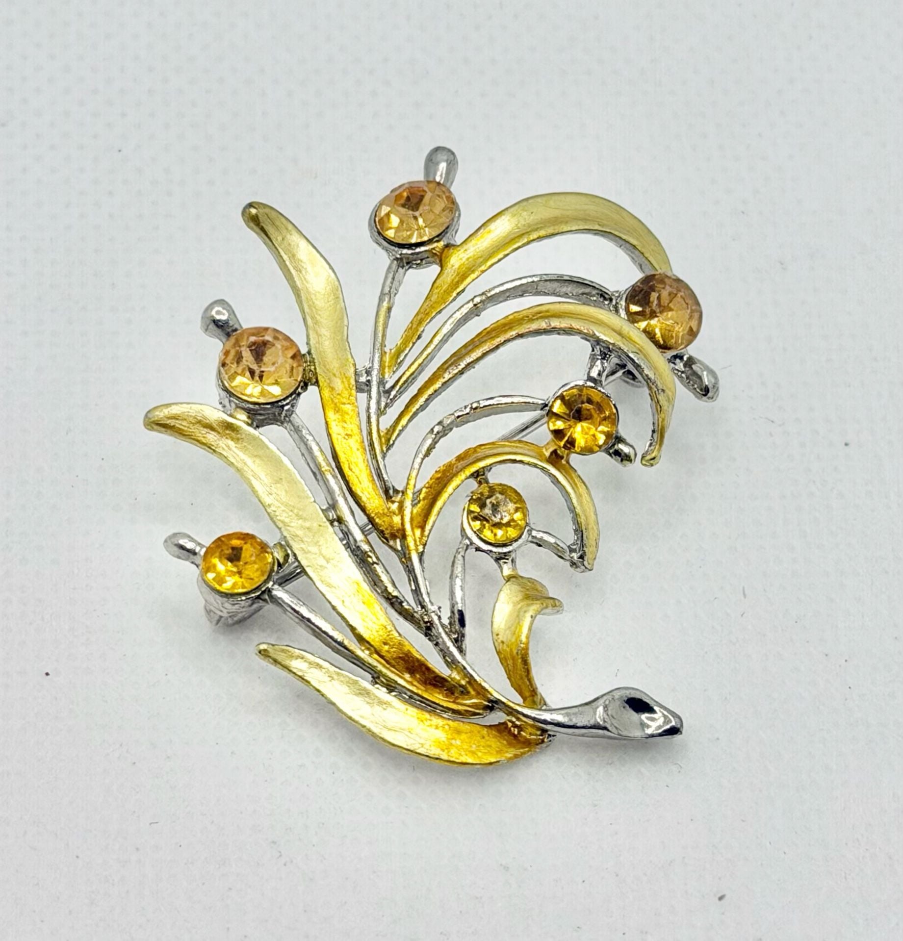 Vintage Gold Tone Enamel and Yellow Rhinestone Floral Bouquet Brooch 2