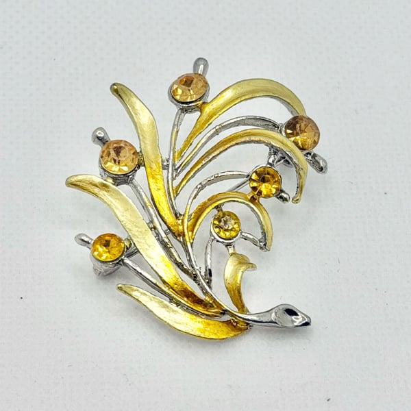 Vintage Gold Tone Enamel and Yellow Rhinestone Floral Bouquet Brooch