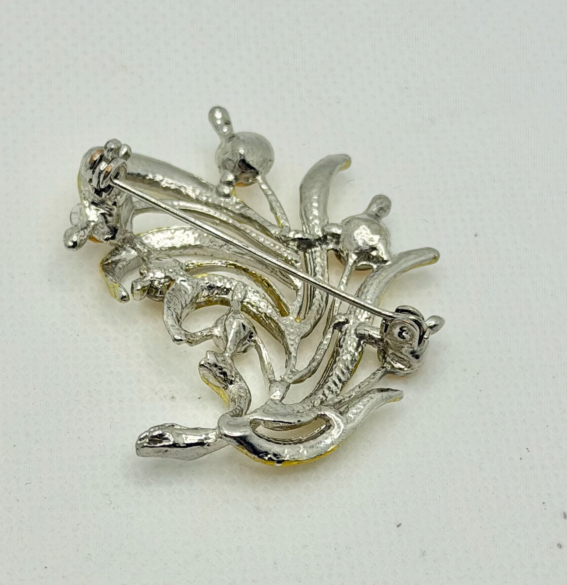 Vintage Gold Tone Enamel and Yellow Rhinestone Floral Bouquet Brooch 3