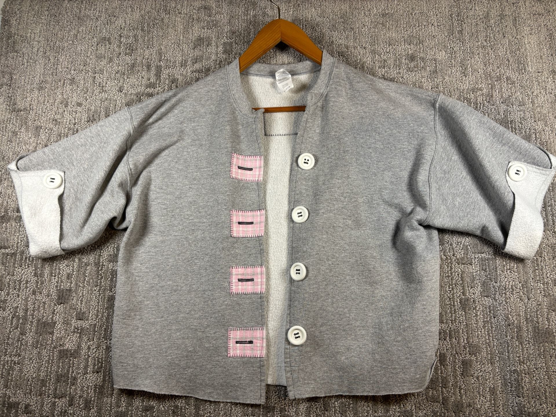 Gildan Gray Sweatshirt Cardigan with Pink Plaid Patches and Large Buttons 239 2