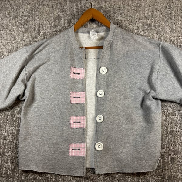 Gildan Gray Sweatshirt Cardigan with Pink Plaid Patches and Large Buttons 239