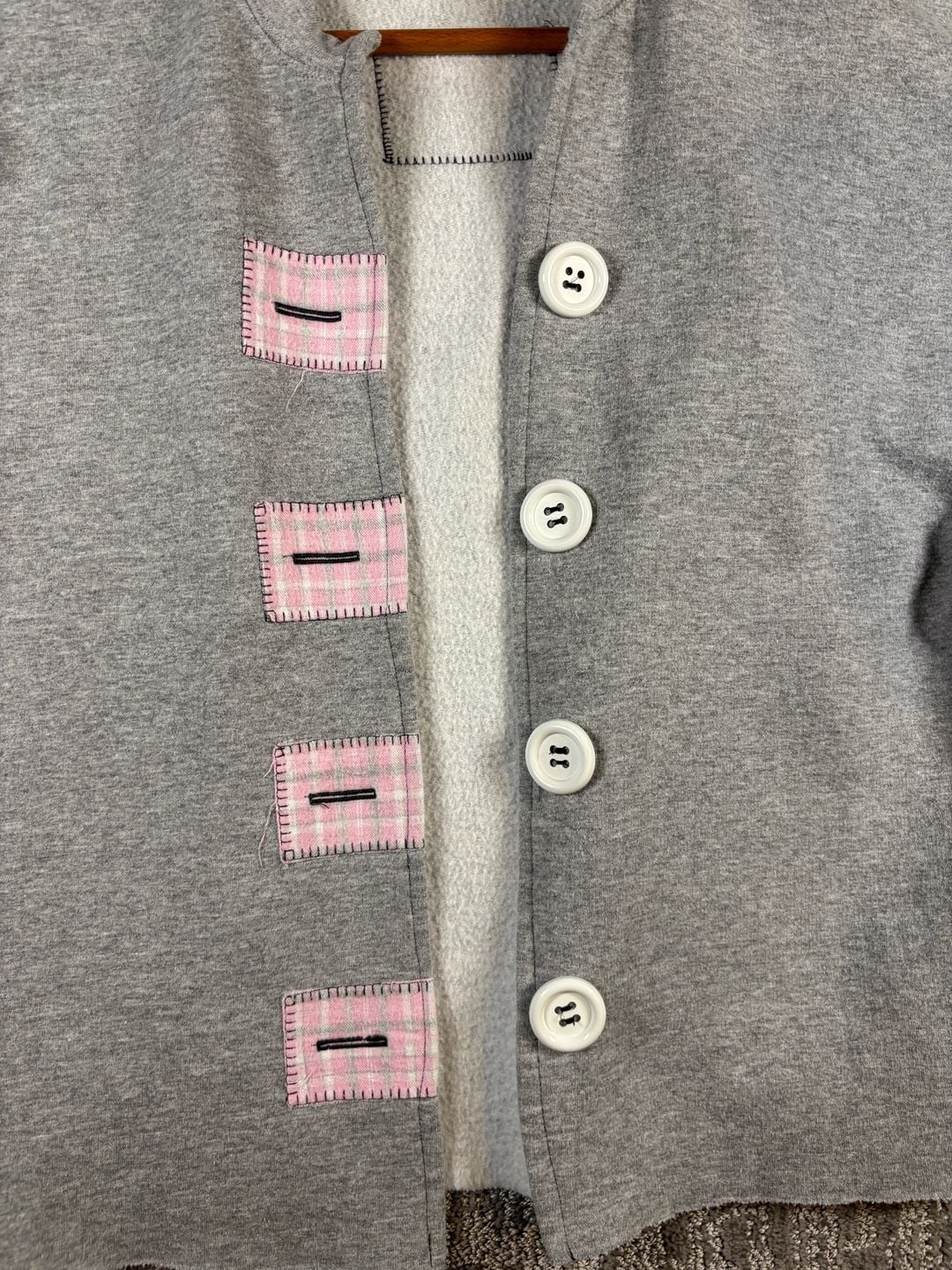 Gildan Gray Sweatshirt Cardigan with Pink Plaid Patches and Large Buttons 239 3