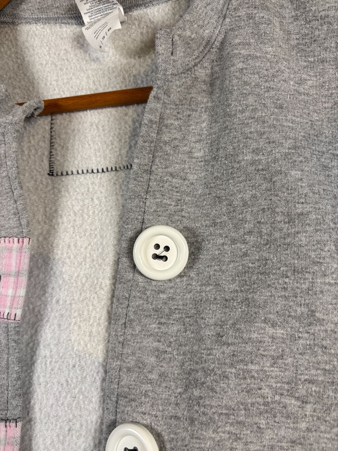 Gildan Gray Sweatshirt Cardigan with Pink Plaid Patches and Large Buttons 239 6