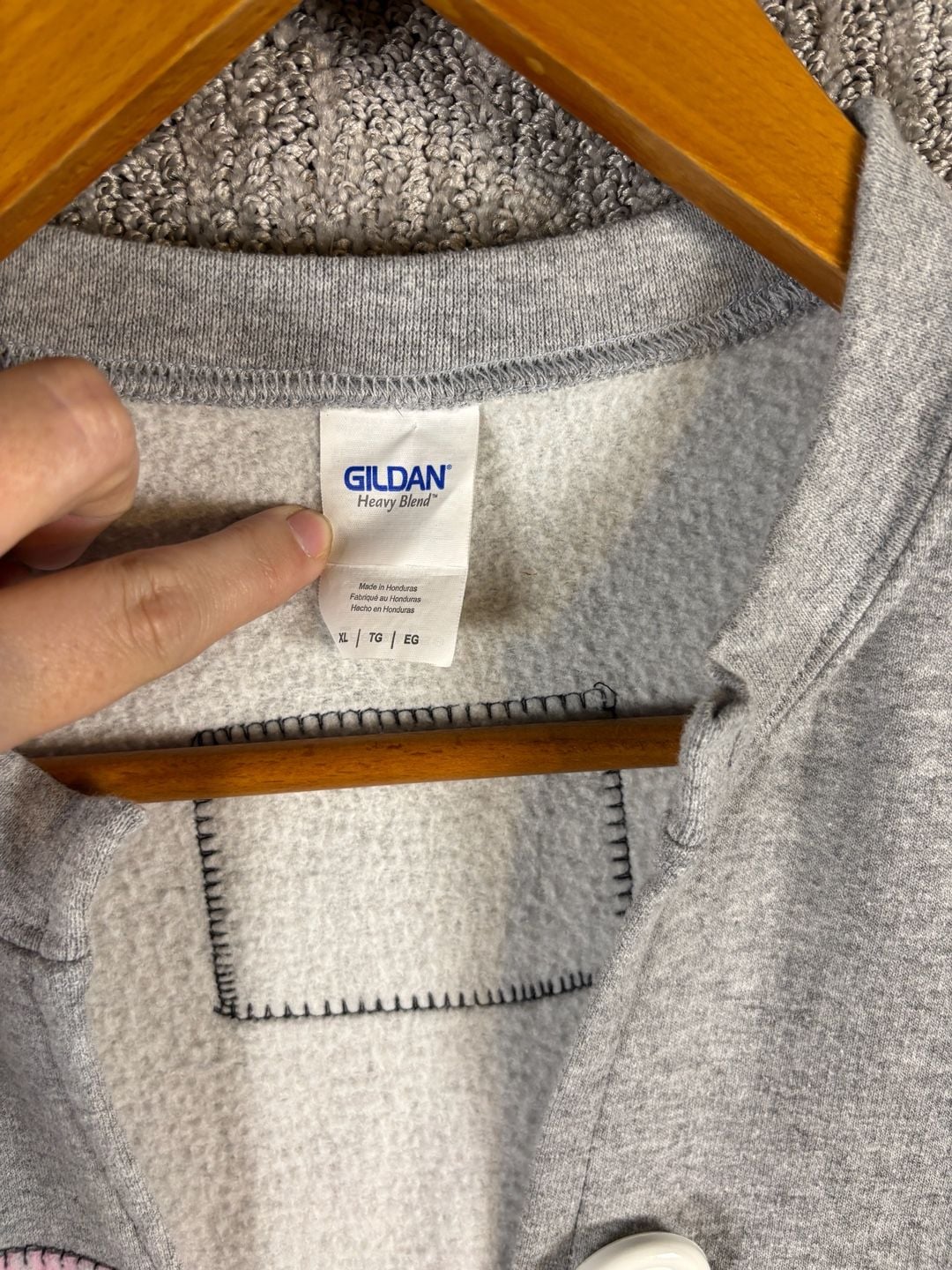 Gildan Gray Sweatshirt Cardigan with Pink Plaid Patches and Large Buttons 239 7