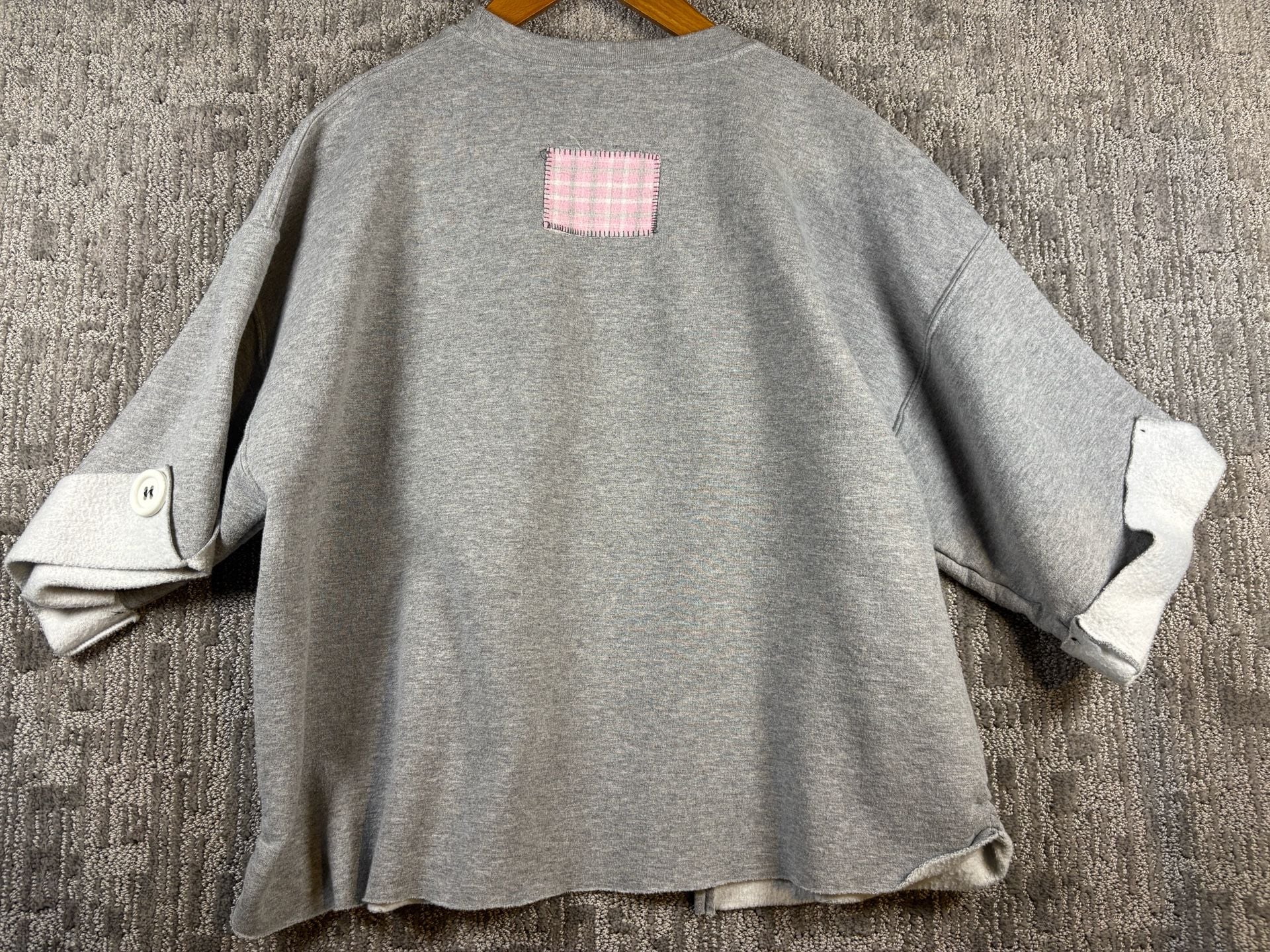 Gildan Gray Sweatshirt Cardigan with Pink Plaid Patches and Large Buttons 239 9