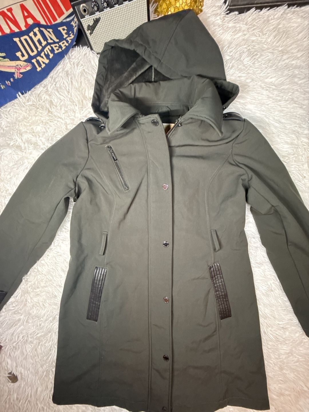 Michael Kors Olive Green Hooded Softshell Coat with Faux Leather Trim 2