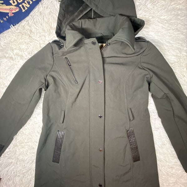Michael Kors Olive Green Hooded Softshell Coat with Faux Leather Trim