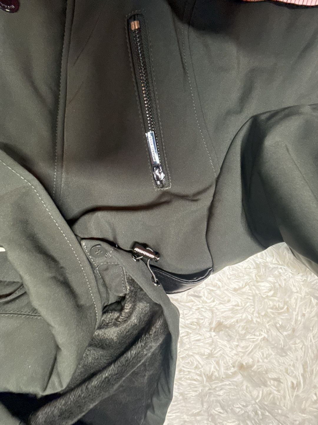 Michael Kors Olive Green Hooded Softshell Coat with Faux Leather Trim 10
