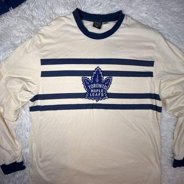 Vintage Nike Team Toronto Maple Leafs Striped Long Sleeve T-Shirt Cream Navy XL