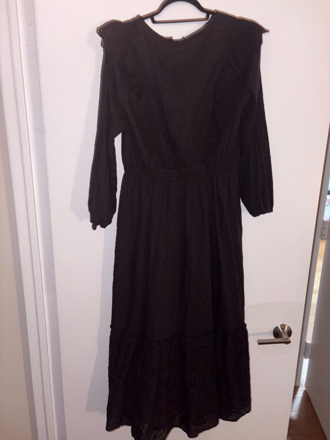 Allison New York Black Swiss Dot Ruffle Eyelet Embroidered Long Sleeve Midi Dress Large 3