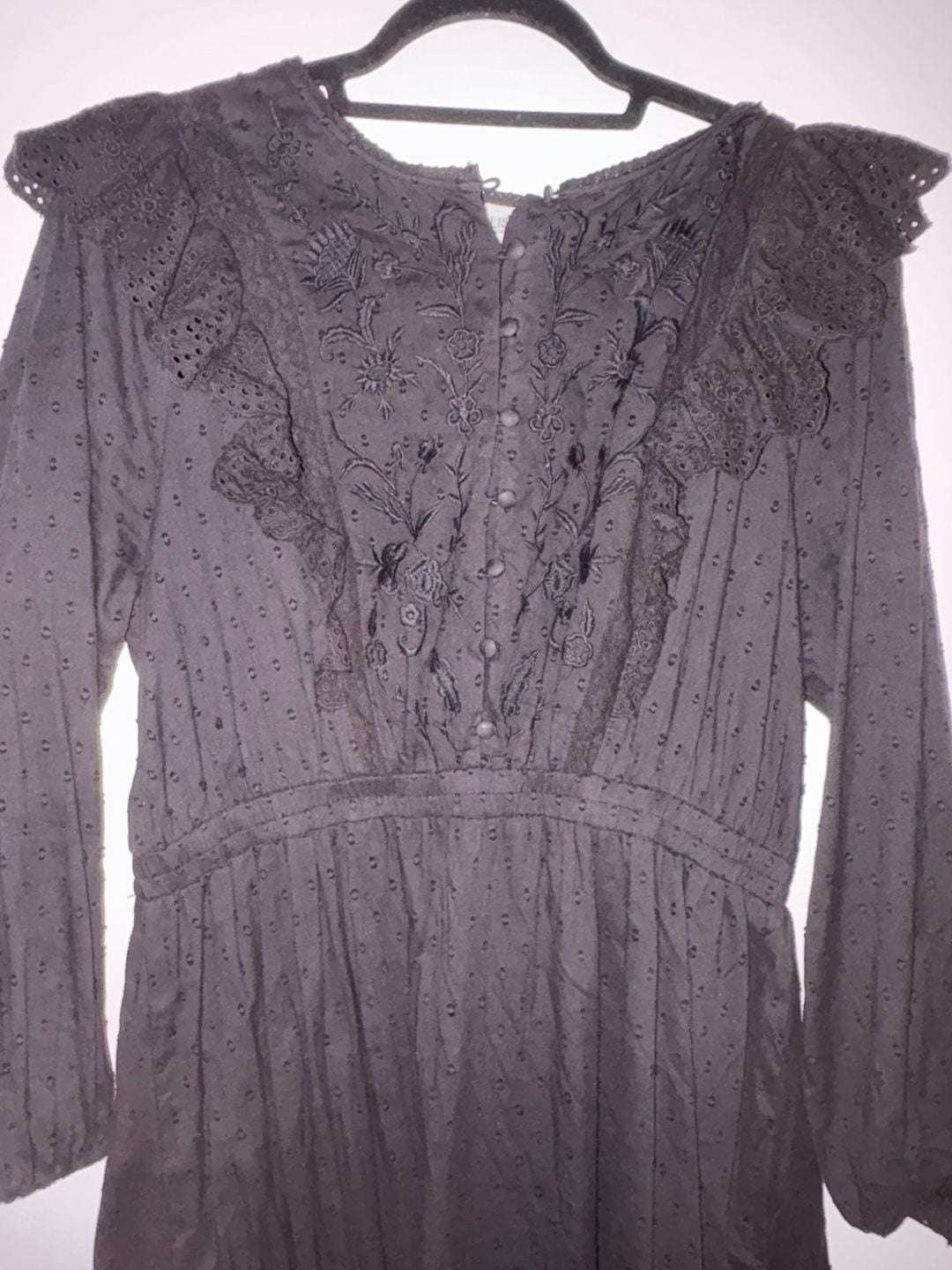 Allison New York Black Swiss Dot Ruffle Eyelet Embroidered Long Sleeve Midi Dress Large 4