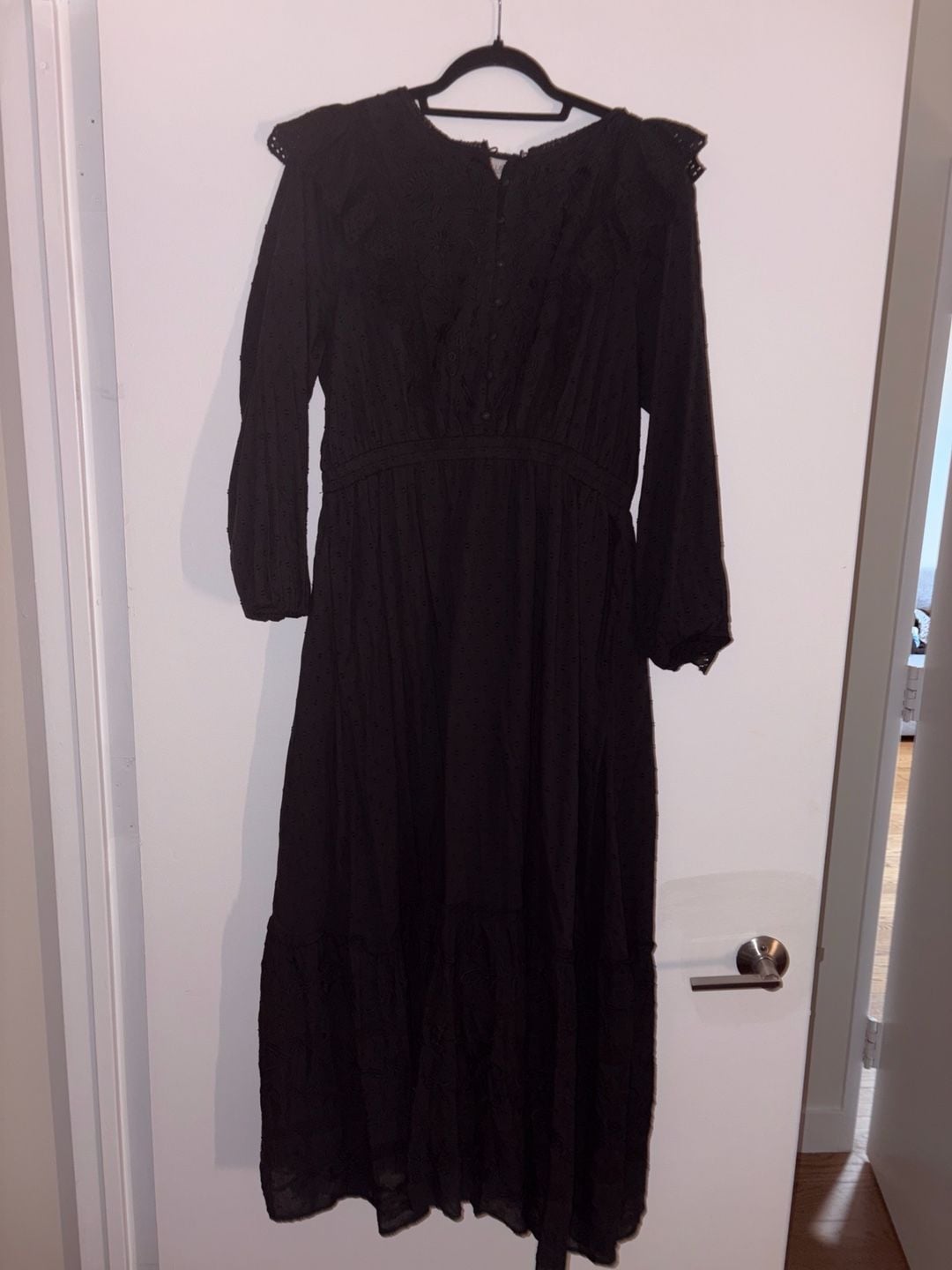 Allison New York Black Swiss Dot Ruffle Eyelet Embroidered Long Sleeve Midi Dress Large 5