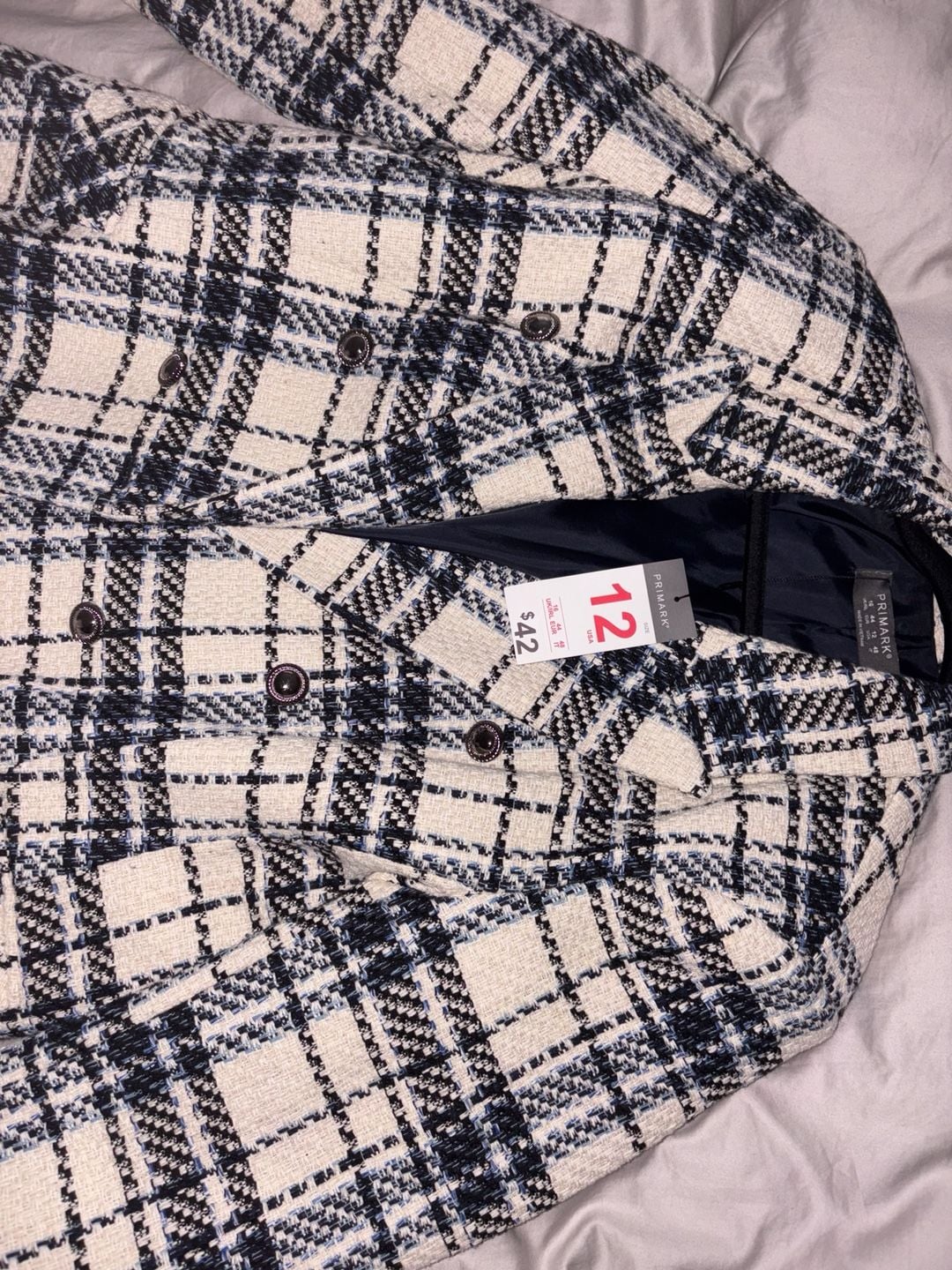 Primark Black And White Plaid Tweed Double Breasted Blazer Jacket Size 12 3