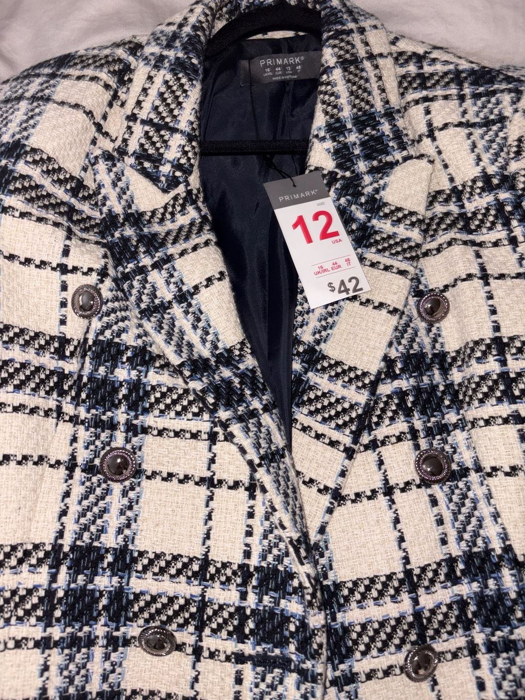 Primark Black And White Plaid Tweed Double Breasted Blazer Jacket Size 12 4