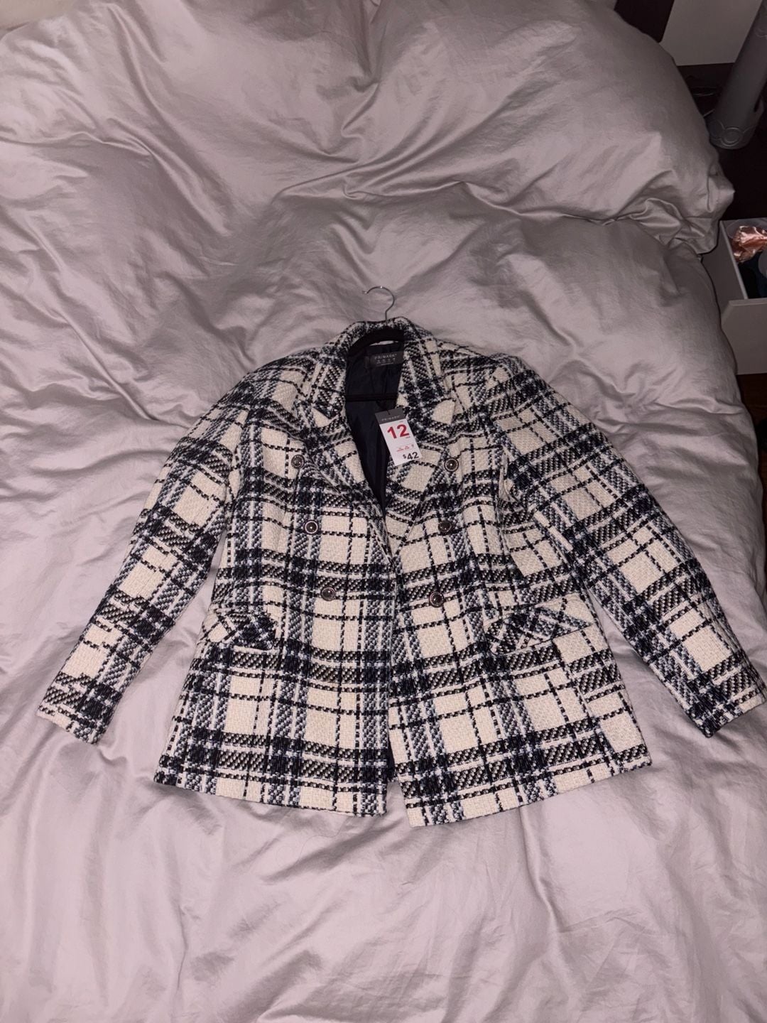Primark Black And White Plaid Tweed Double Breasted Blazer Jacket Size 12 5