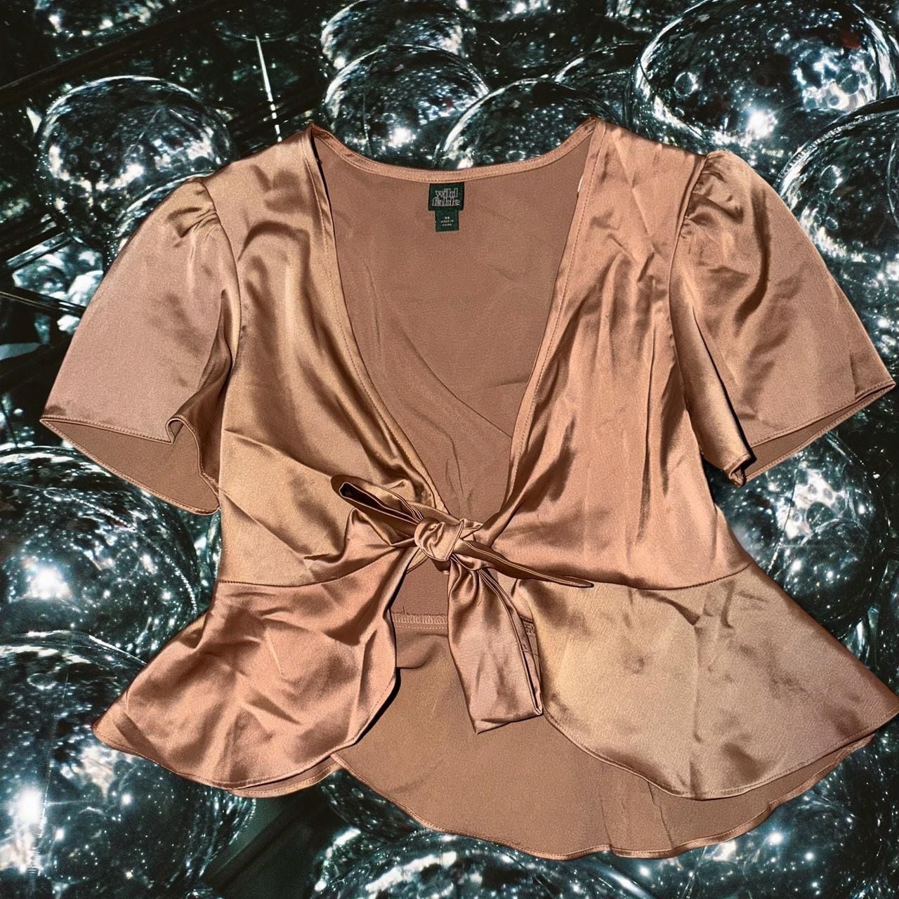Wild Fable Brown Satin Front Tie Peplum Short Sleeve Top Size XS 2