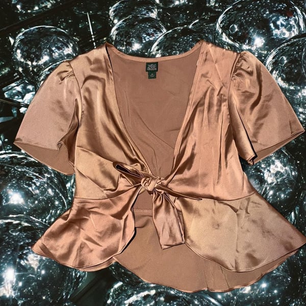 Wild Fable Brown Satin Front Tie Peplum Short Sleeve Top Size XS