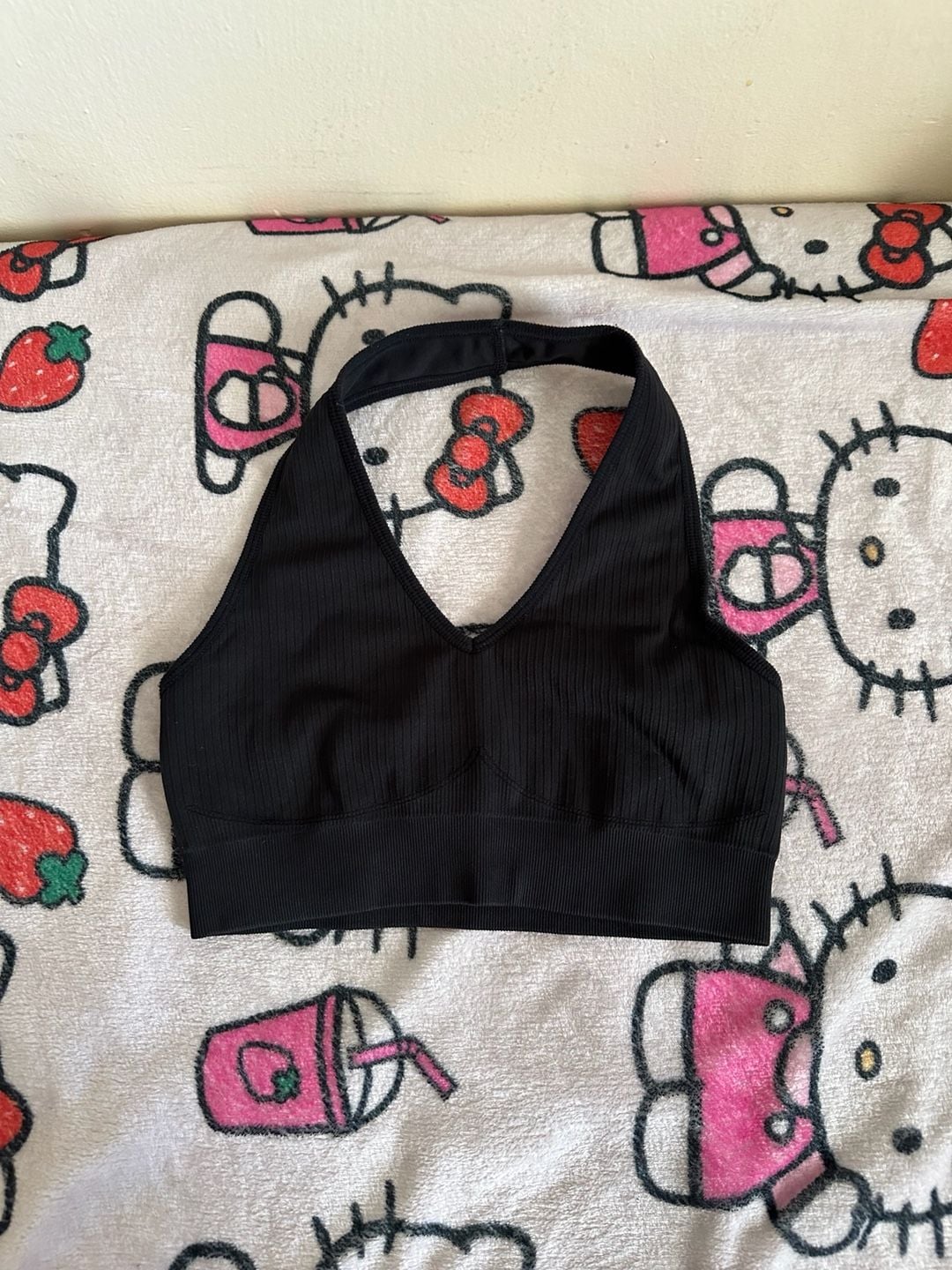 Black Athletic Activewear Set Including Ribbed Halter Crop Top, Sports Bra, and High-Waisted Biker Shorts 3