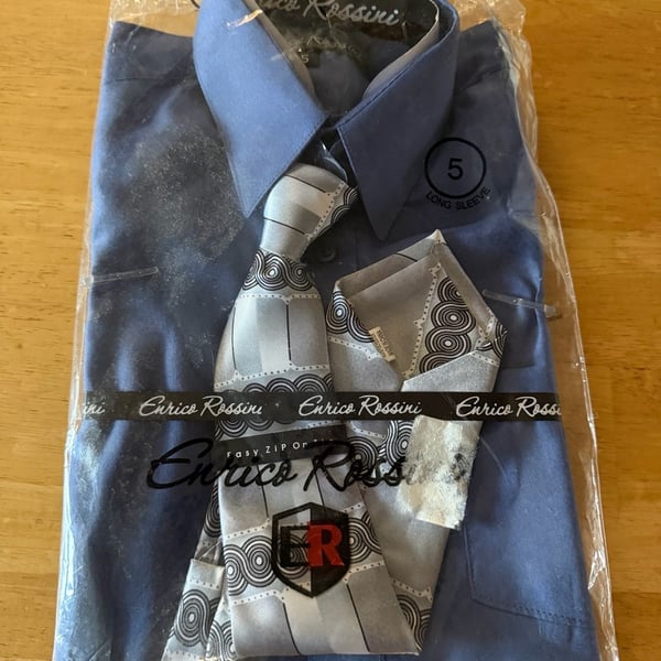 Enrico Rossini Boys Blue Dress Shirt With Matching Tie And Pocket Square Size 5