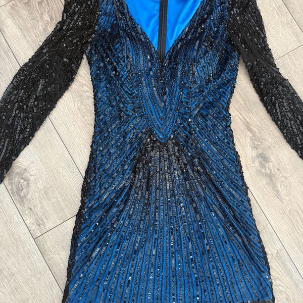 Scala Beaded and Sequinned Long Sleeve Mini Dress Blue Black Size 10