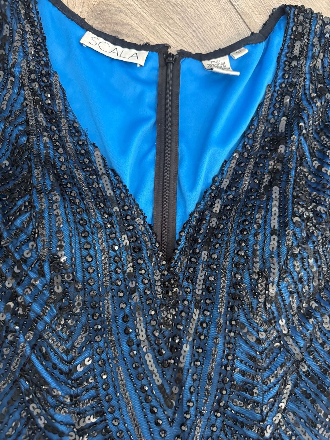 Scala Beaded and Sequinned Long Sleeve Mini Dress Blue Black Size 10 7