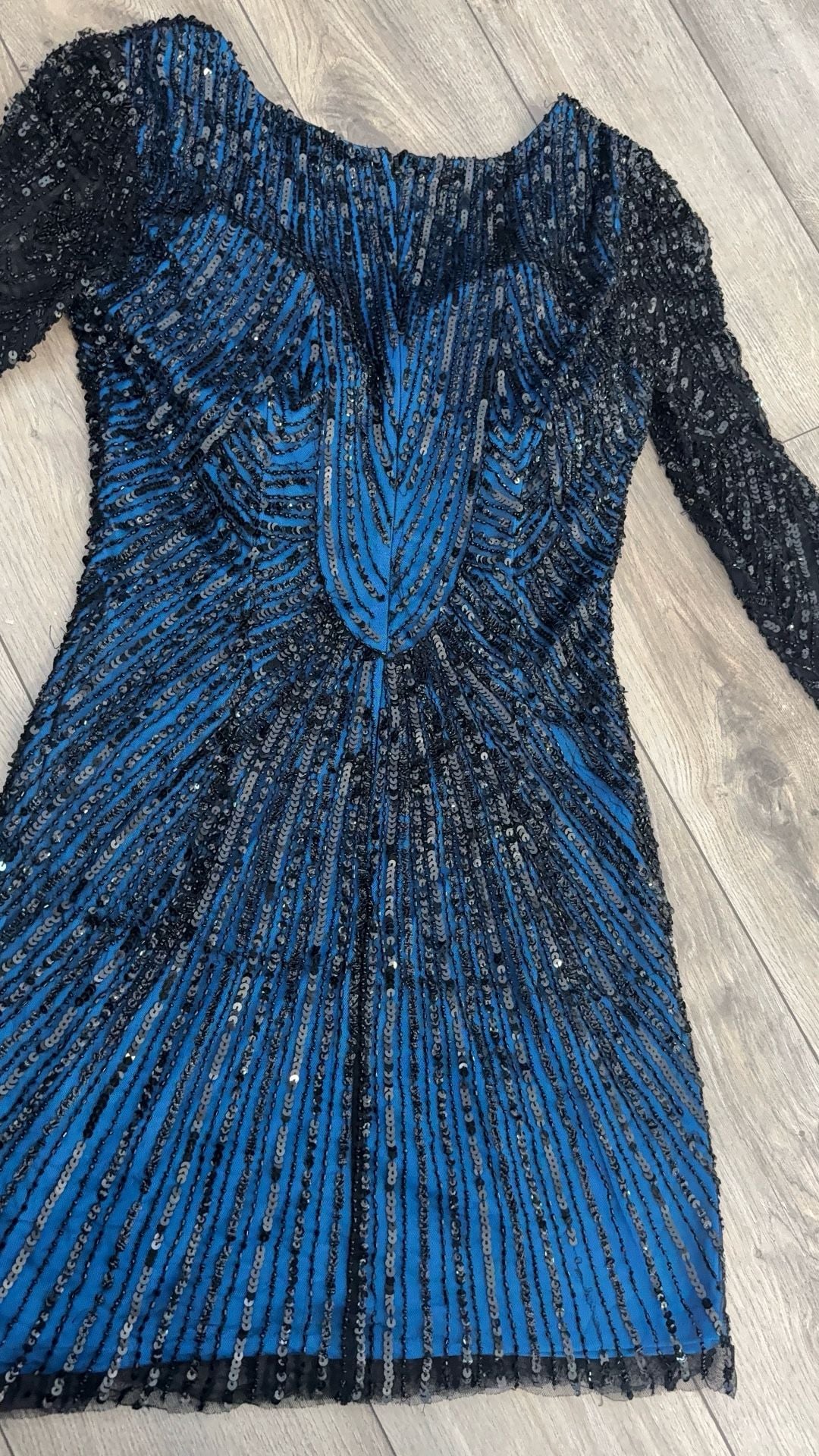 Scala Beaded and Sequinned Long Sleeve Mini Dress Blue Black Size 10 8