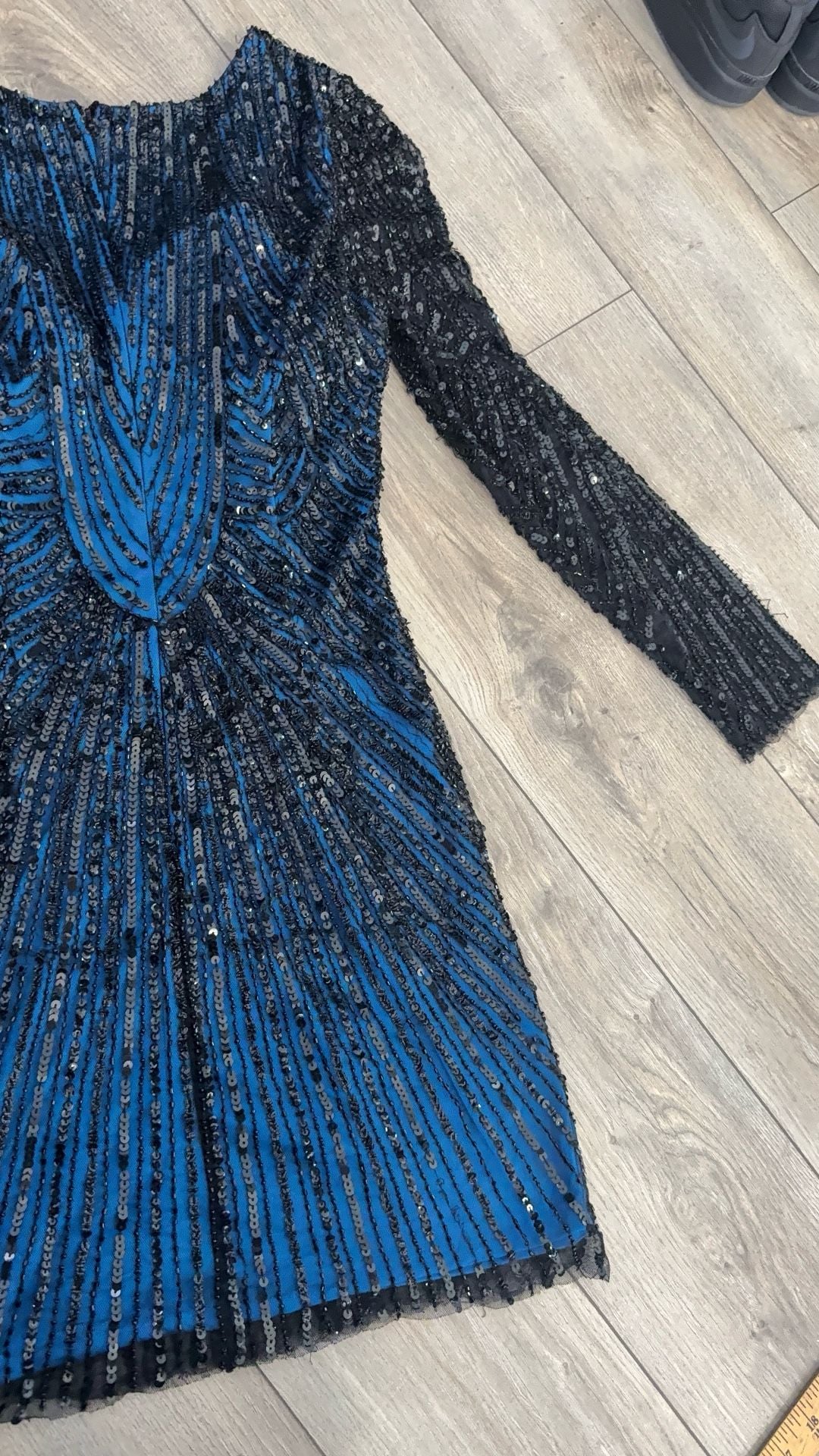 Scala Beaded and Sequinned Long Sleeve Mini Dress Blue Black Size 10 9