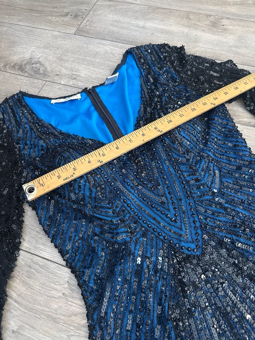 Scala Beaded and Sequinned Long Sleeve Mini Dress Blue Black Size 10 12