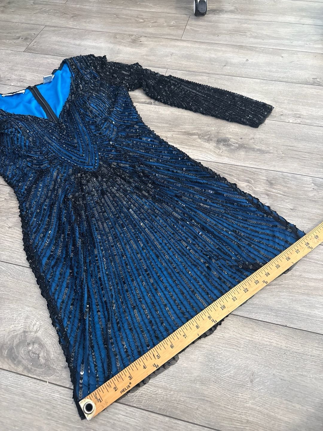 Scala Beaded and Sequinned Long Sleeve Mini Dress Blue Black Size 10 14