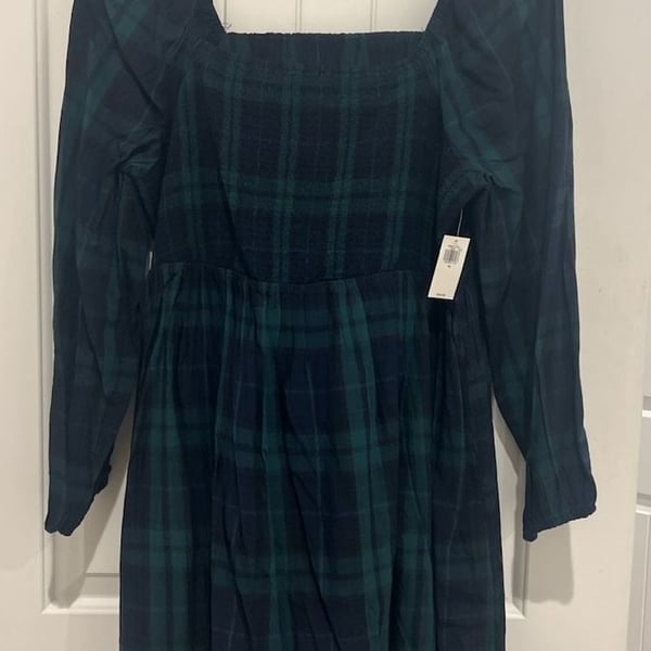 Old Navy Green Plaid Long-Sleeve Smocked Bodice Mini Dress