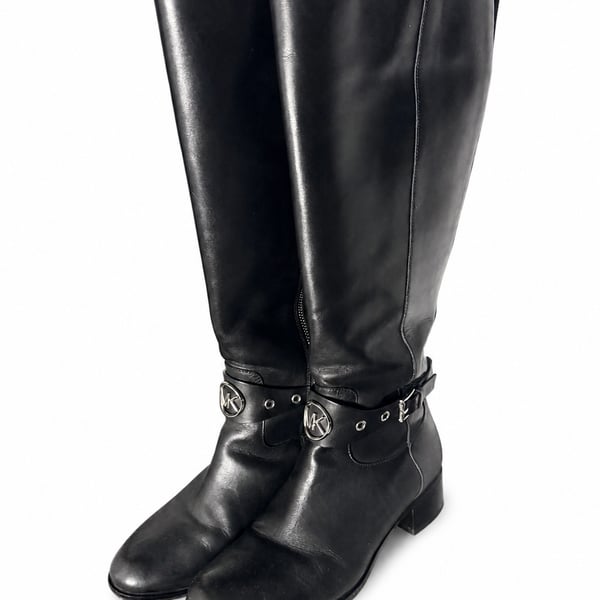Michael Kors Heather Black Leather Knee High Riding Boots w Logo Strap Size 7.5M