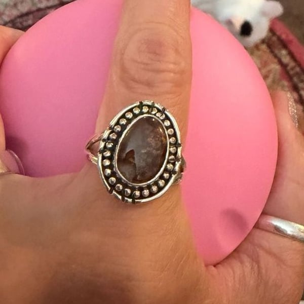 Sterling Silver Southwestern Brown Agate, Bronzite Cabochon - Ring size 7