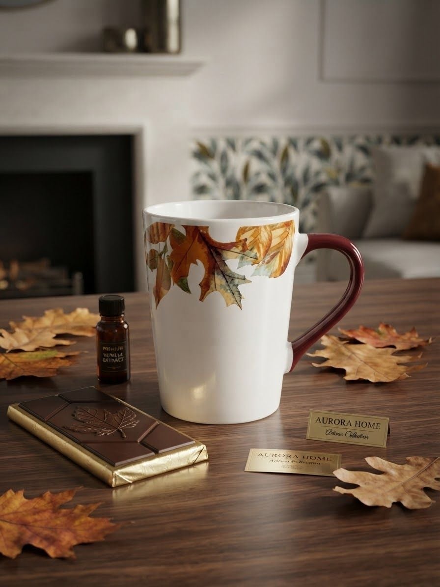Aurora Home Artisan Collection Fall Leaf Ceramic Coffee Mug with Burgundy Handle 1