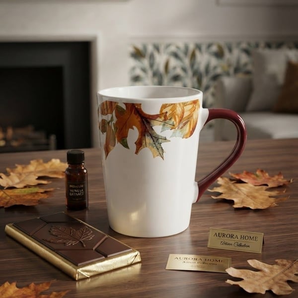 Aurora Home Artisan Collection Fall Leaf Ceramic Coffee Mug with Burgundy Handle