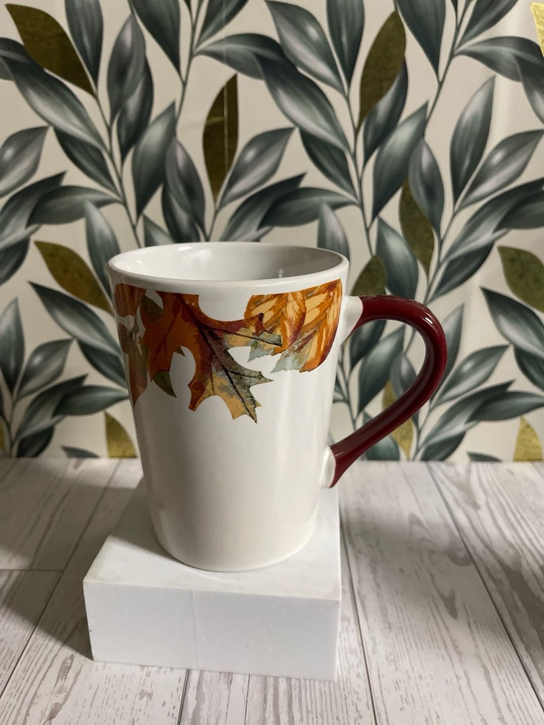 Aurora Home Artisan Collection Fall Leaf Ceramic Coffee Mug with Burgundy Handle 2