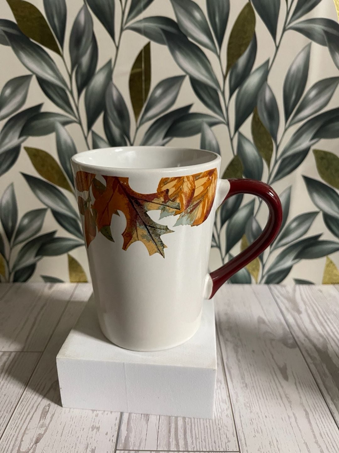 Aurora Home Artisan Collection Fall Leaf Ceramic Coffee Mug with Burgundy Handle 3