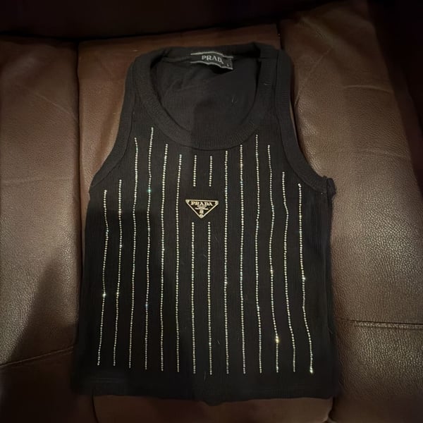Prada Black Ribbed Tank Top with Crystal Stripes and Triangle Logo