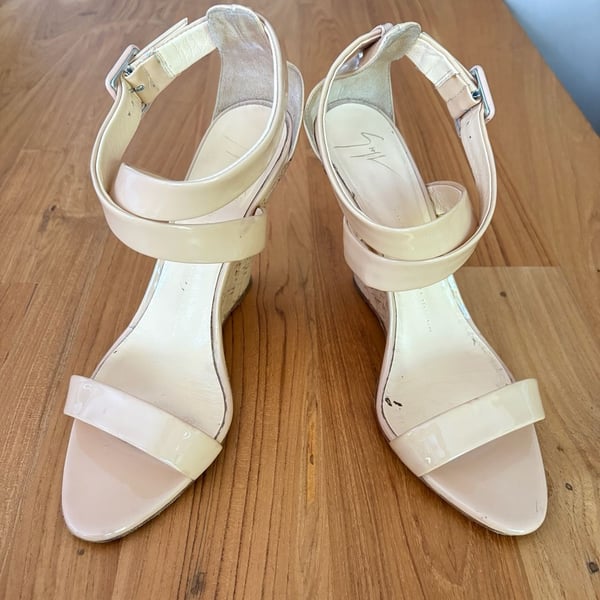 Giuseppe Zanotti Design Beige Patent Leather Cork Wedge Sandals