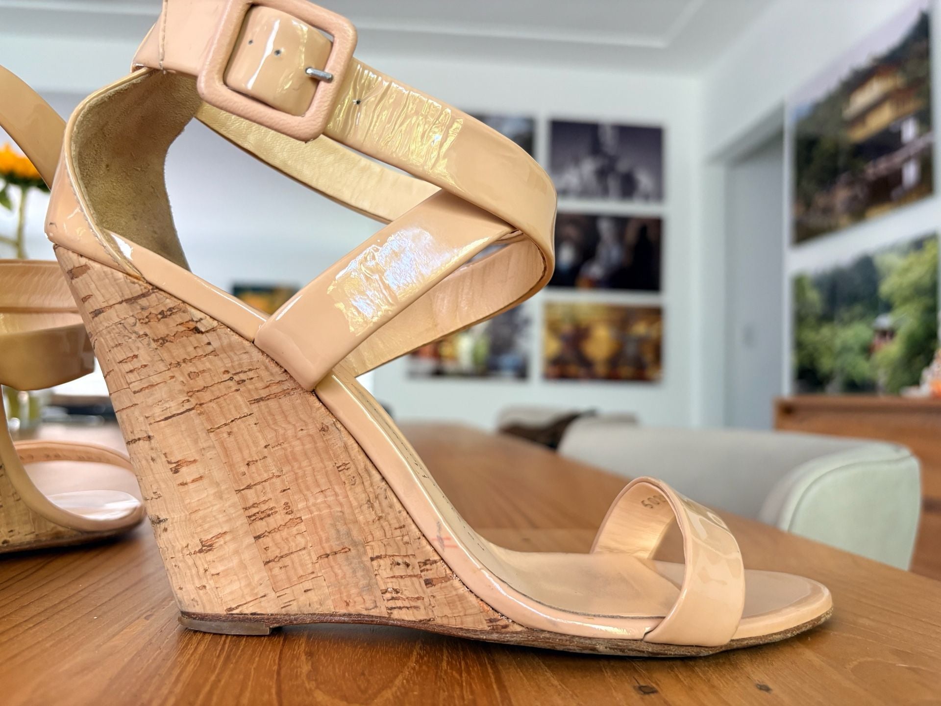Giuseppe Zanotti Design Beige Patent Leather Cork Wedge Sandals 5