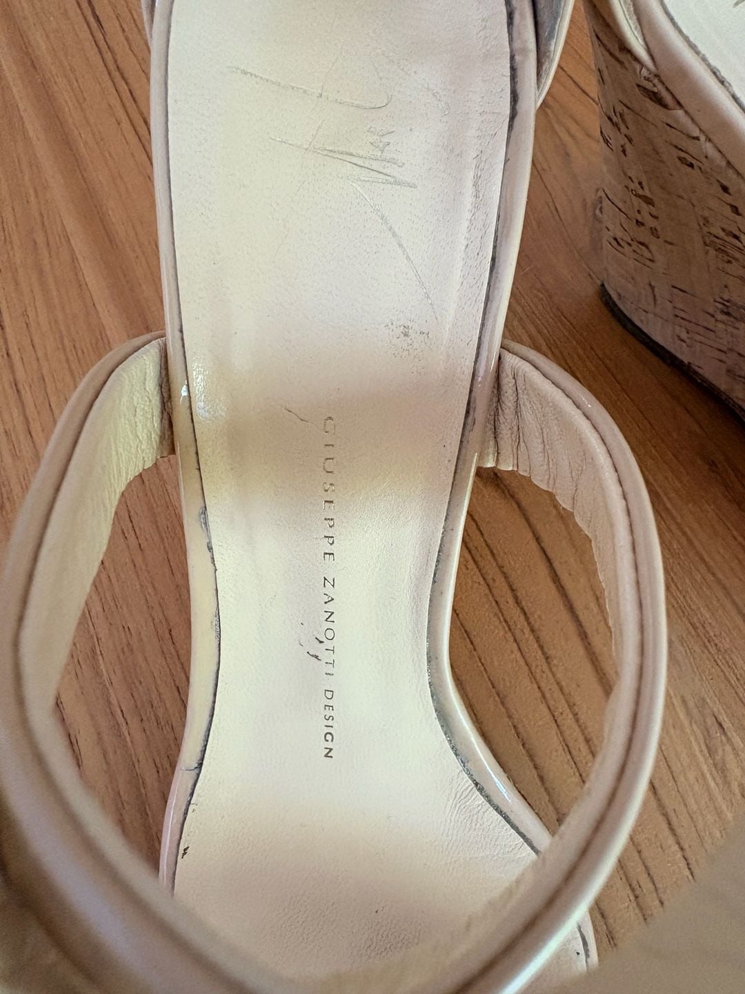 Giuseppe Zanotti Design Beige Patent Leather Cork Wedge Sandals 6