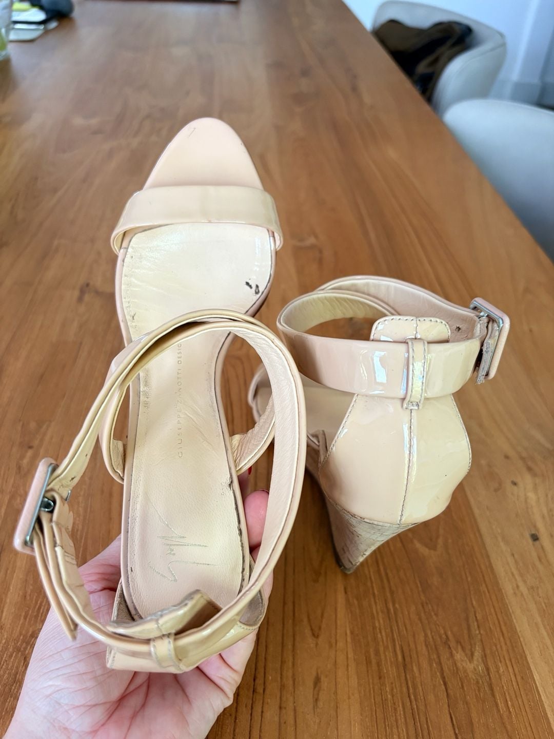 Giuseppe Zanotti Design Beige Patent Leather Cork Wedge Sandals 8