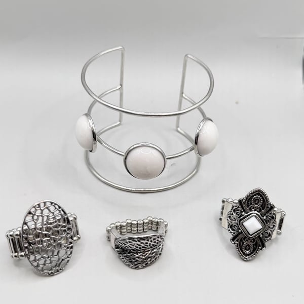 4-Piece Silver & White Statement Jewelry Bundle – Cuff Bracelet & Rings
