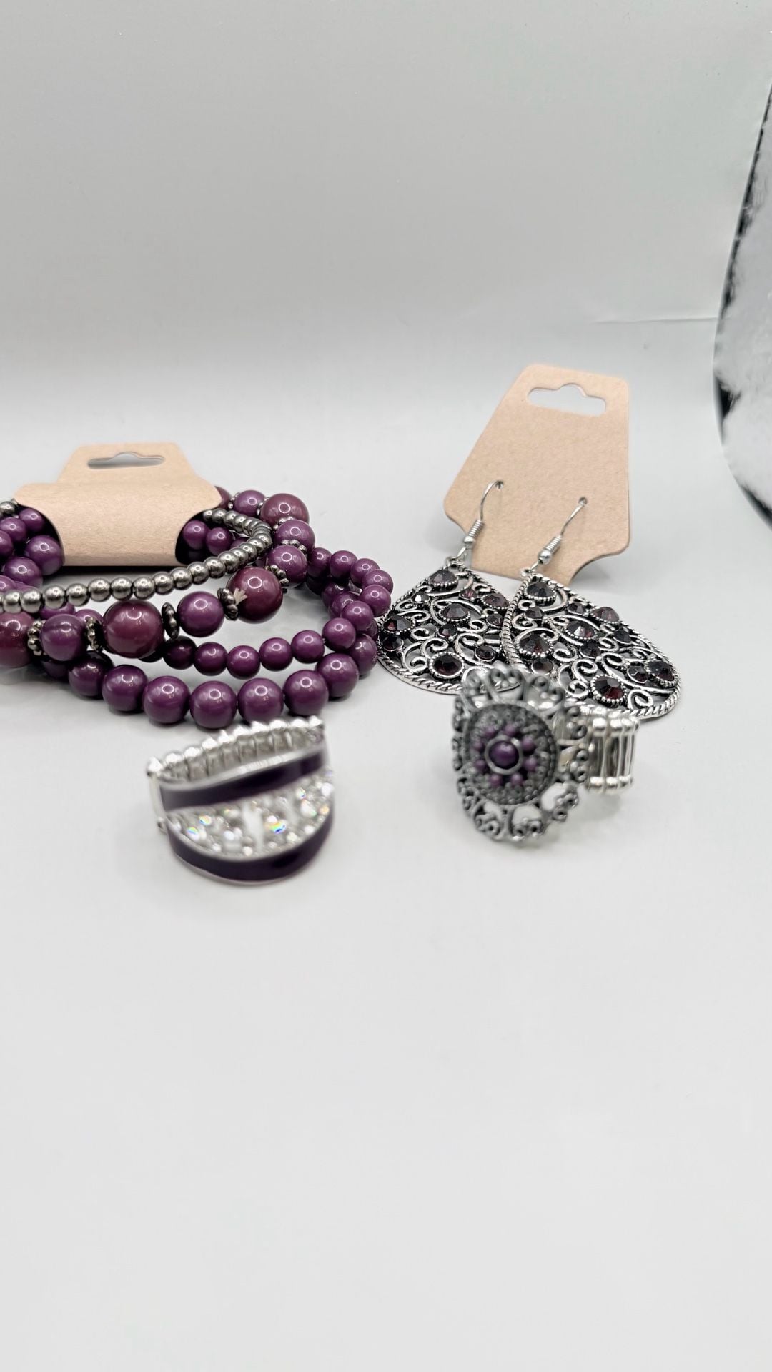 4 Piece Purple & Silver Statement Jewelry Bundle – Bracelets Earrings Rings 1