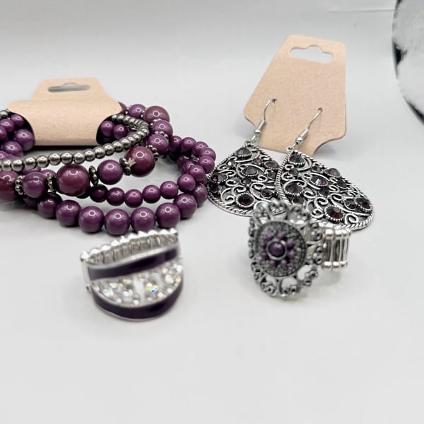 4 Piece Purple & Silver Statement Jewelry Bundle – Bracelets Earrings Rings