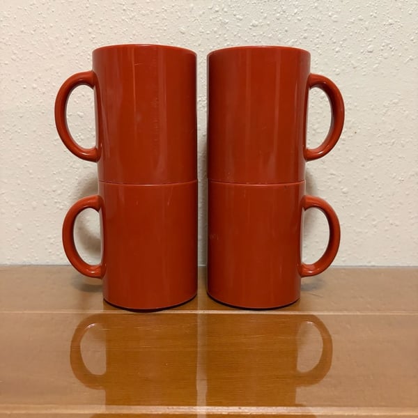 Vintage Burnt Orange Plastic Stackable Coffee Mugs Set of 4