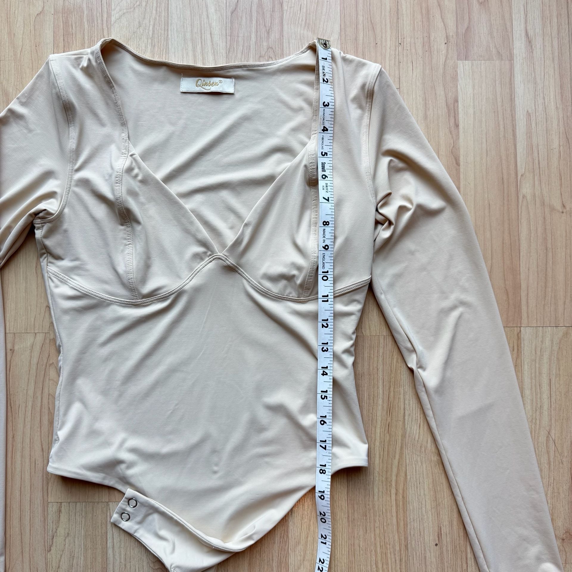 Seamless V-Neck Long Sleeve Bodysuit Tan Qinsen Medium 7